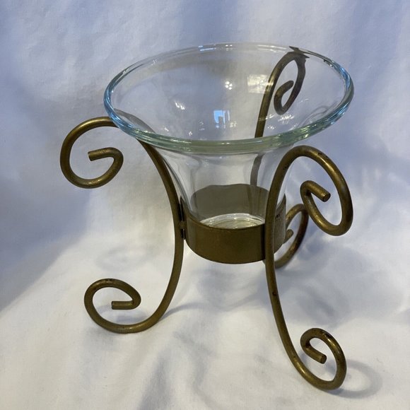 Indiana Glass Scroll Candle Holder Set. Crystal Glass With Metal Gold Support 6" - Picture 3 of 9